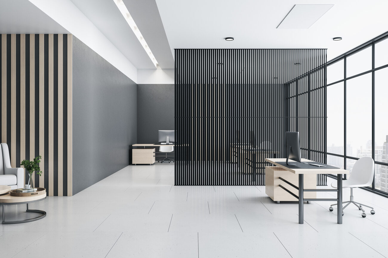 Modern finished commercial office interior with clean lines and natural light — a brand-aligned space built by ITA PRO